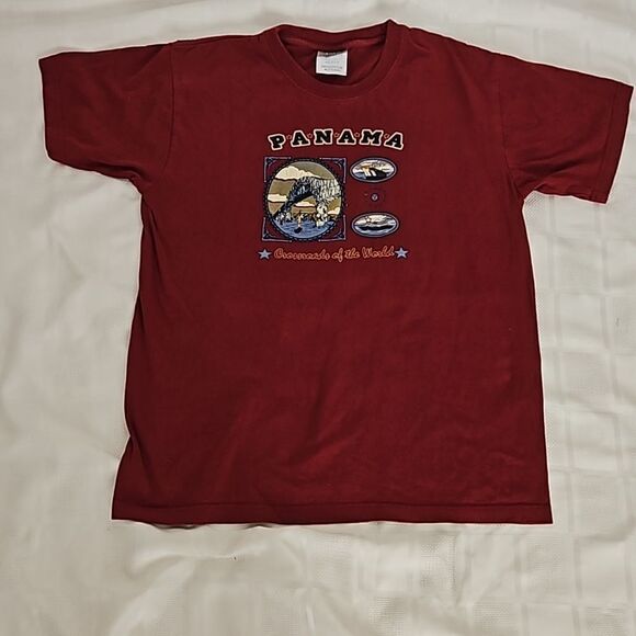 Vintage Unisex Panama City Logo Short Sleeves Cotton T-Shirt Medium Burgundy - Picture 12 of 16
